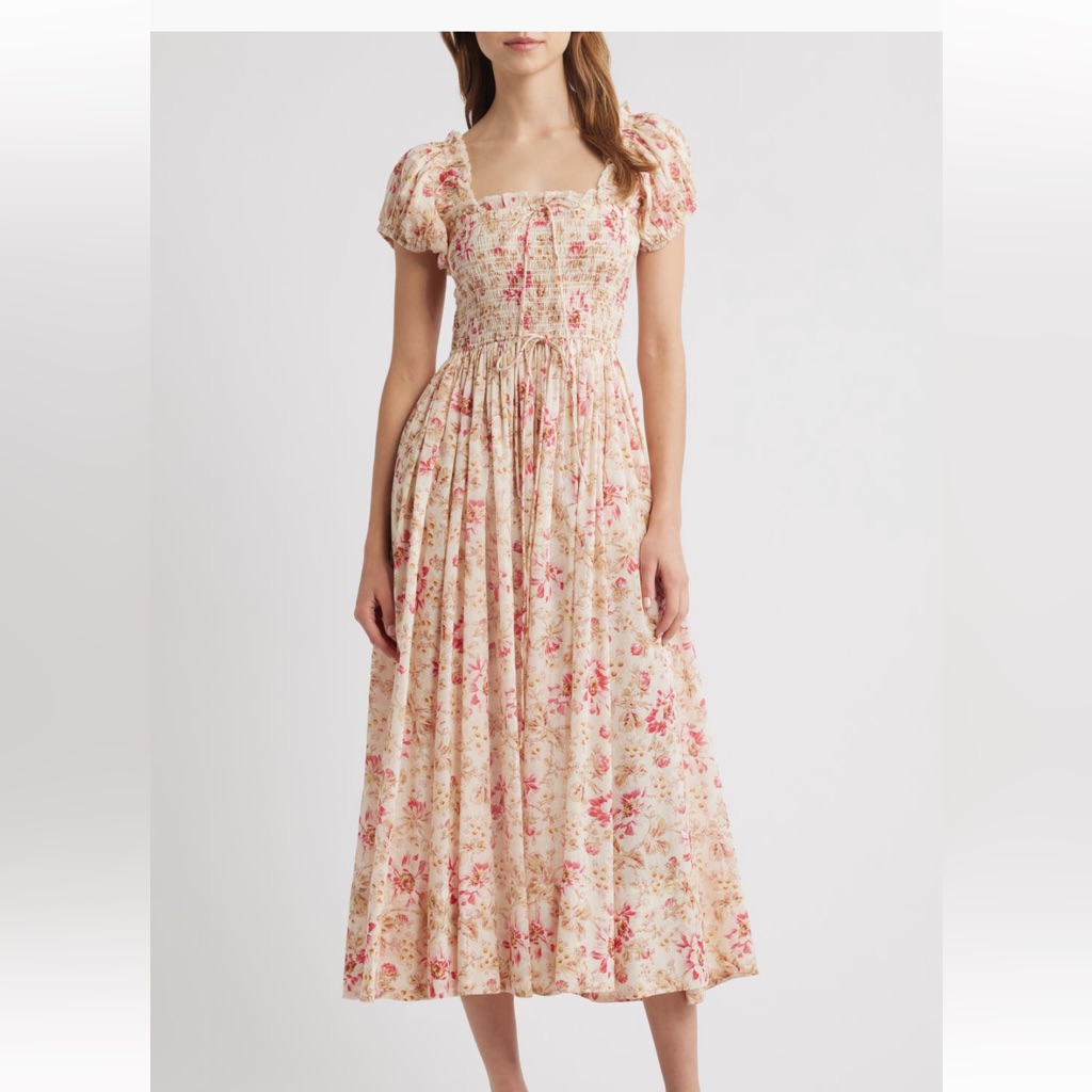 Doen Floral Midi Dress In Cream And Pink